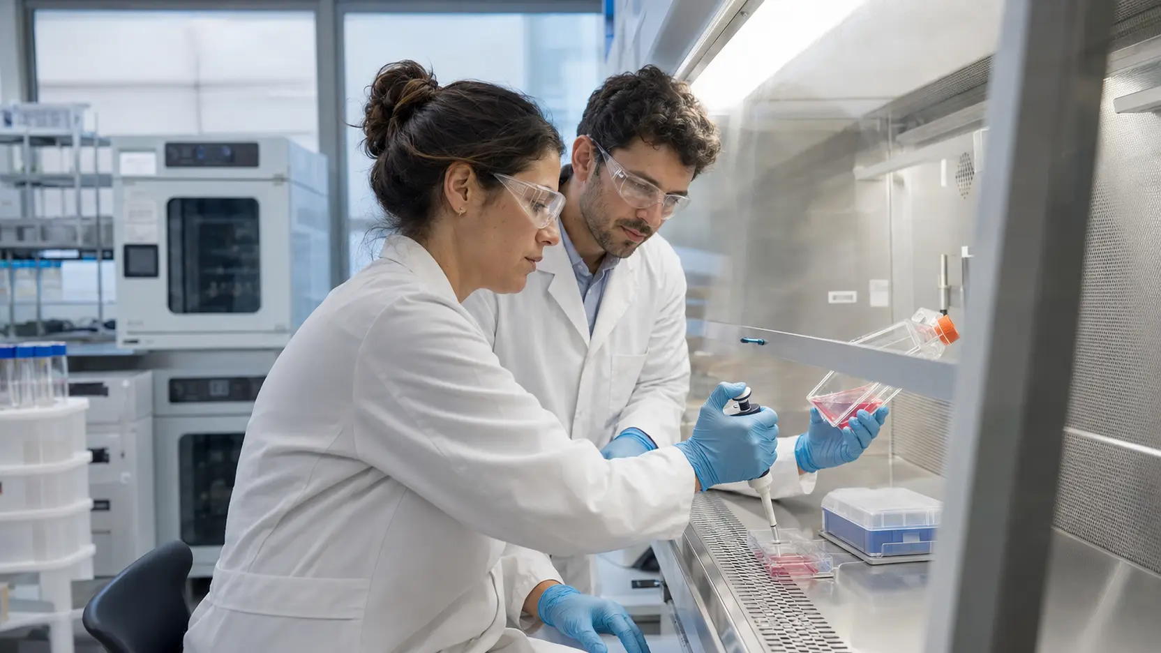 Oncology researchers working with pancreatic cancer cell cultures
